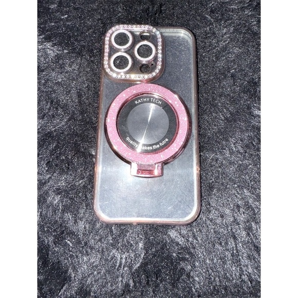 LXK Pink Glitter Clear Phone Case w/ Ring Holder and rhinestone iPhone 15 pro - Picture 2 of 12